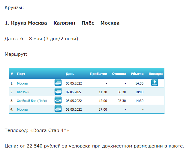 Пять речных круизов из Москвы в мае: от 22 тыс. рублей