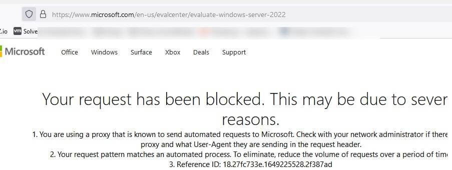 Microsoft ограничила доступ к скачиванию серверных evaluate продуктов с IP адресов РФ
