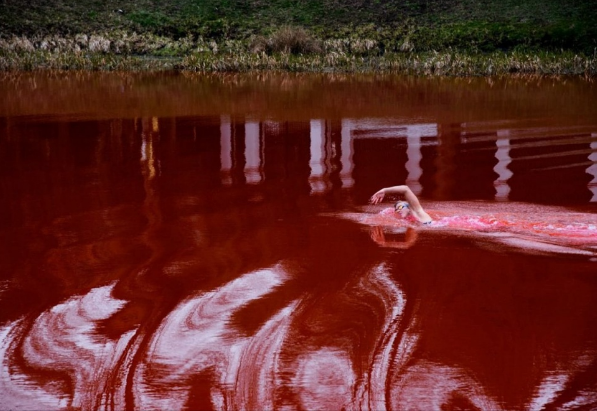 "Кровавая" акция протеста в Литве: 400 килограмм красной краски, кроваво-красный пруд и "несмертельный" заплыв...