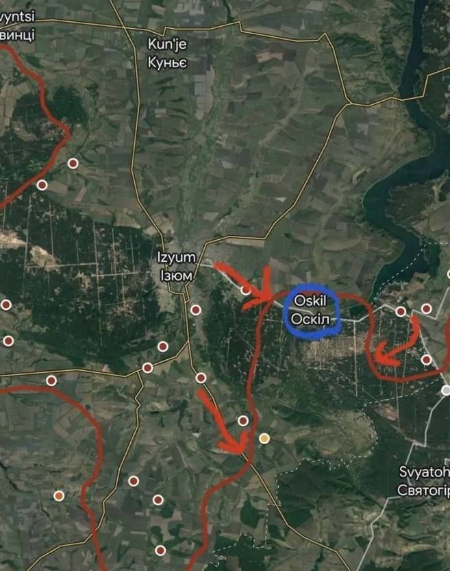 Сообщают, что российские войска практически завершили окружение группировки ВСУ в районе села Оскол под Изюмом.