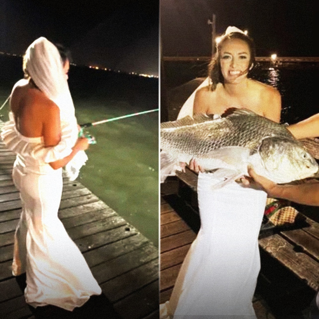 В Техасе молодая парочка поженилась на пляже и в свою брачную ночь пошла рыбачить — невеста наловила рыбы весом более 20 кило.