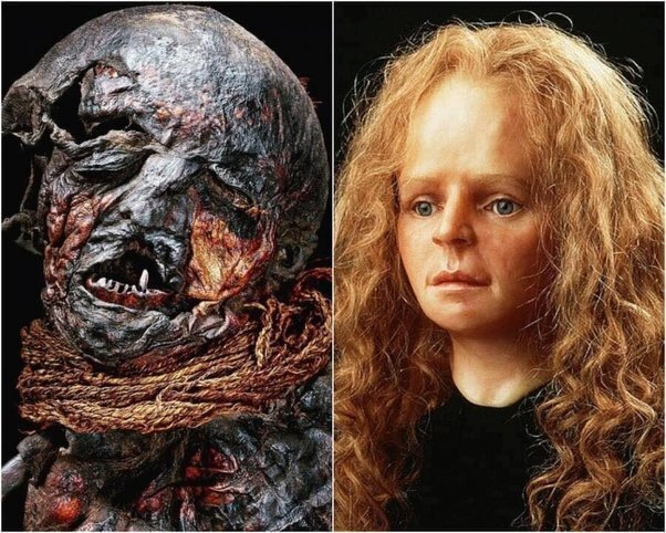 Мумифицированный труп с искаженным выражением агонии на лице.