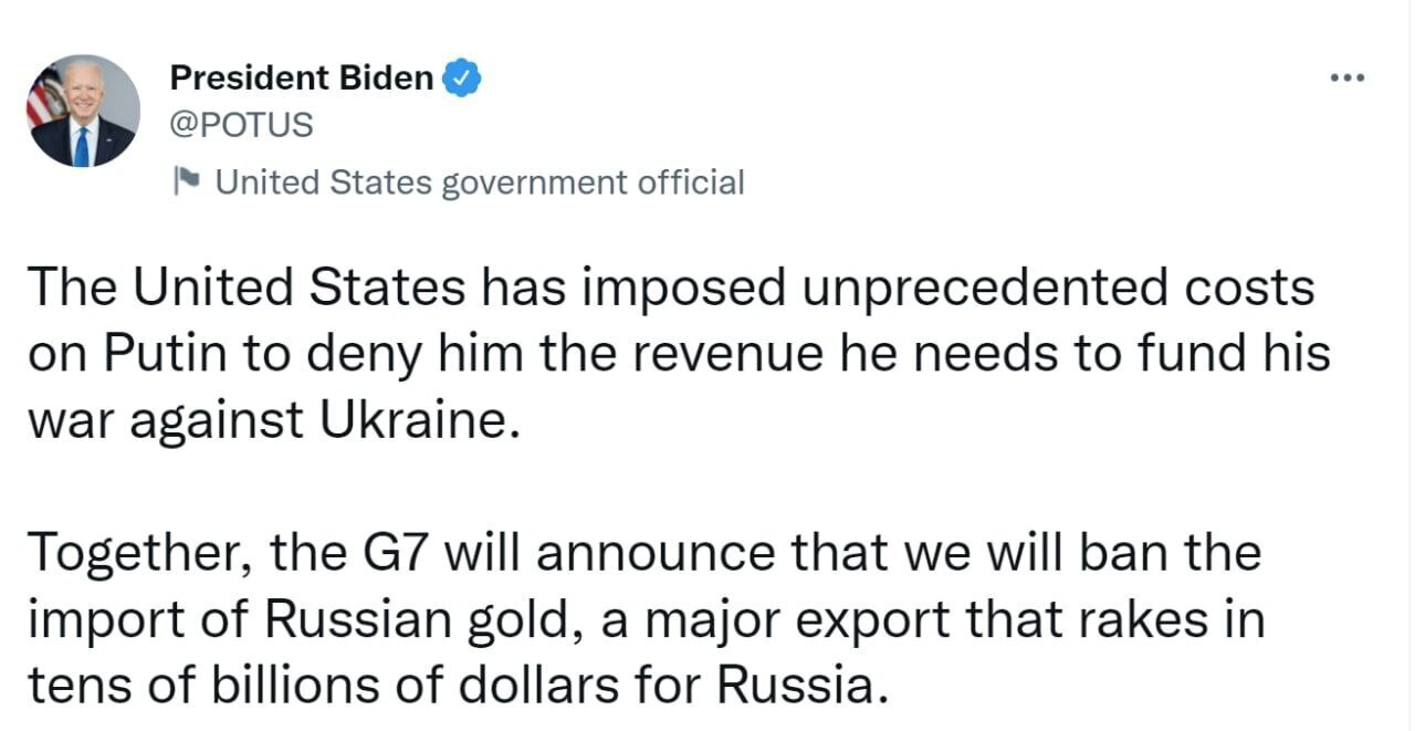 ❗️Байден заявил, что «Большая семерка» наложит санкции на импорт российского золота...