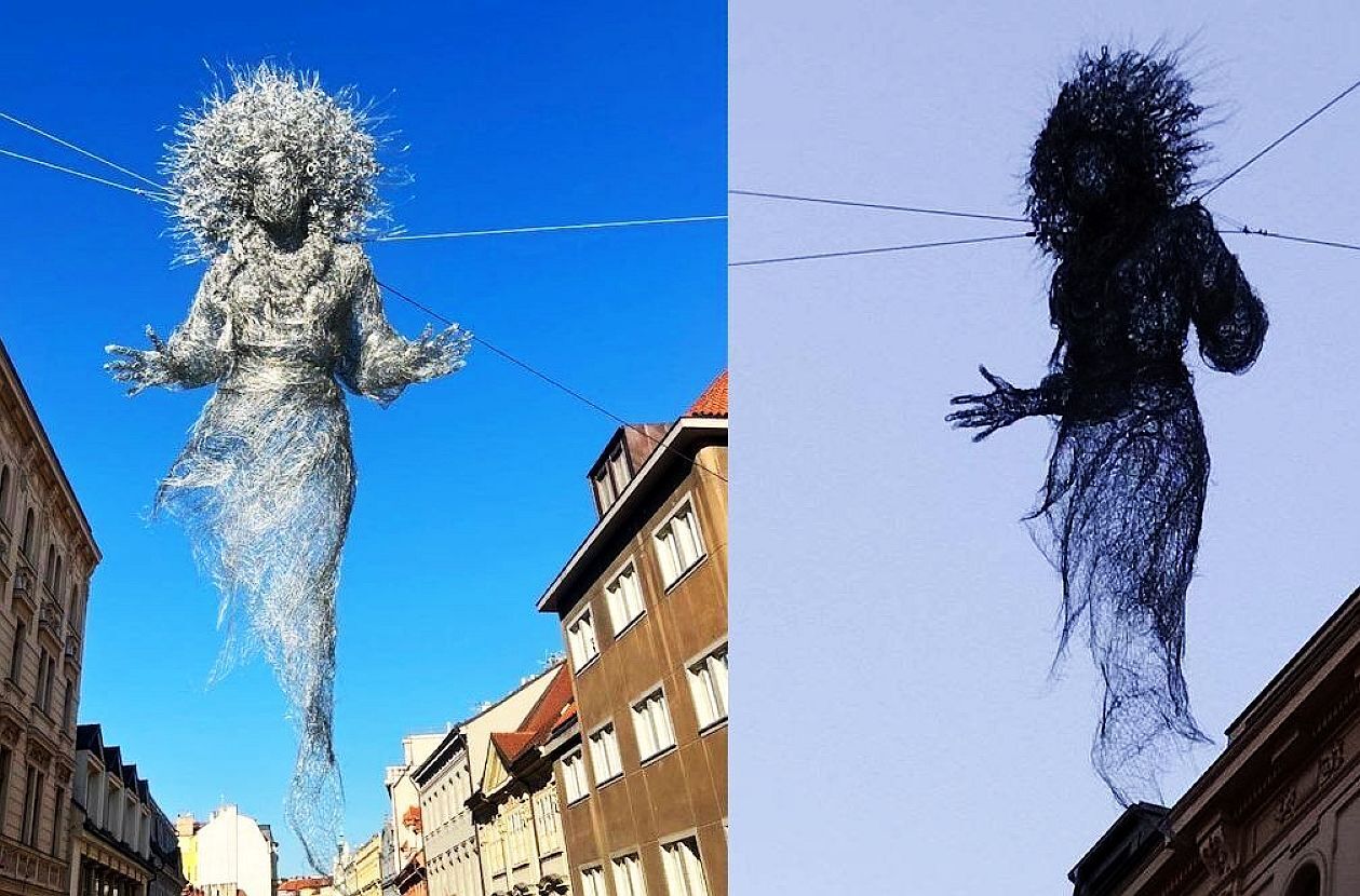 «Кошмарная сила искусства»: скульптуру «Украинской матери» подвесили в небо города Прага. А наша «Алёнка» страшнее?