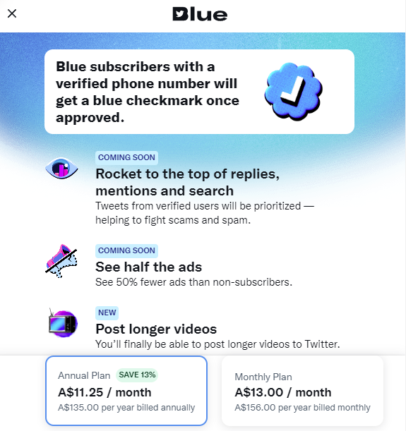Twitter добавляет возможность ежегодной оплаты для Twitter Blue.
