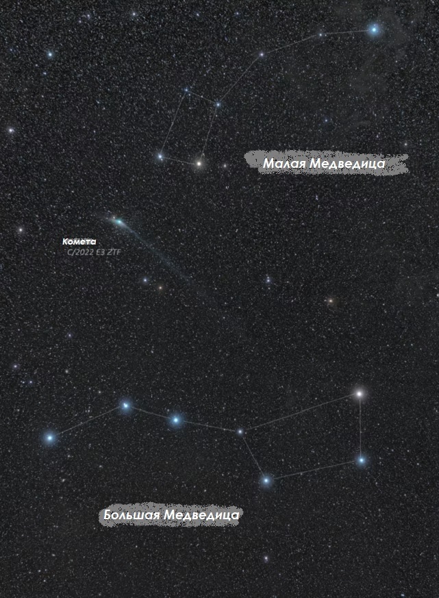 Смотри! Жуткая зеленая комета летит между Большой и Малой Медведицей!