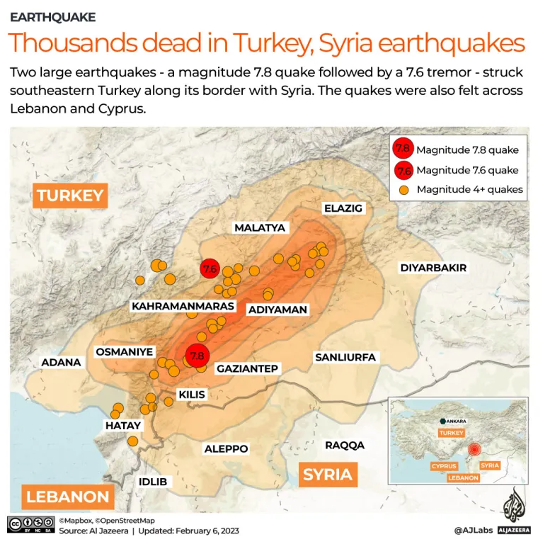 Число погибших превышает 4800 человек после землетрясений в Турции и Сирии.