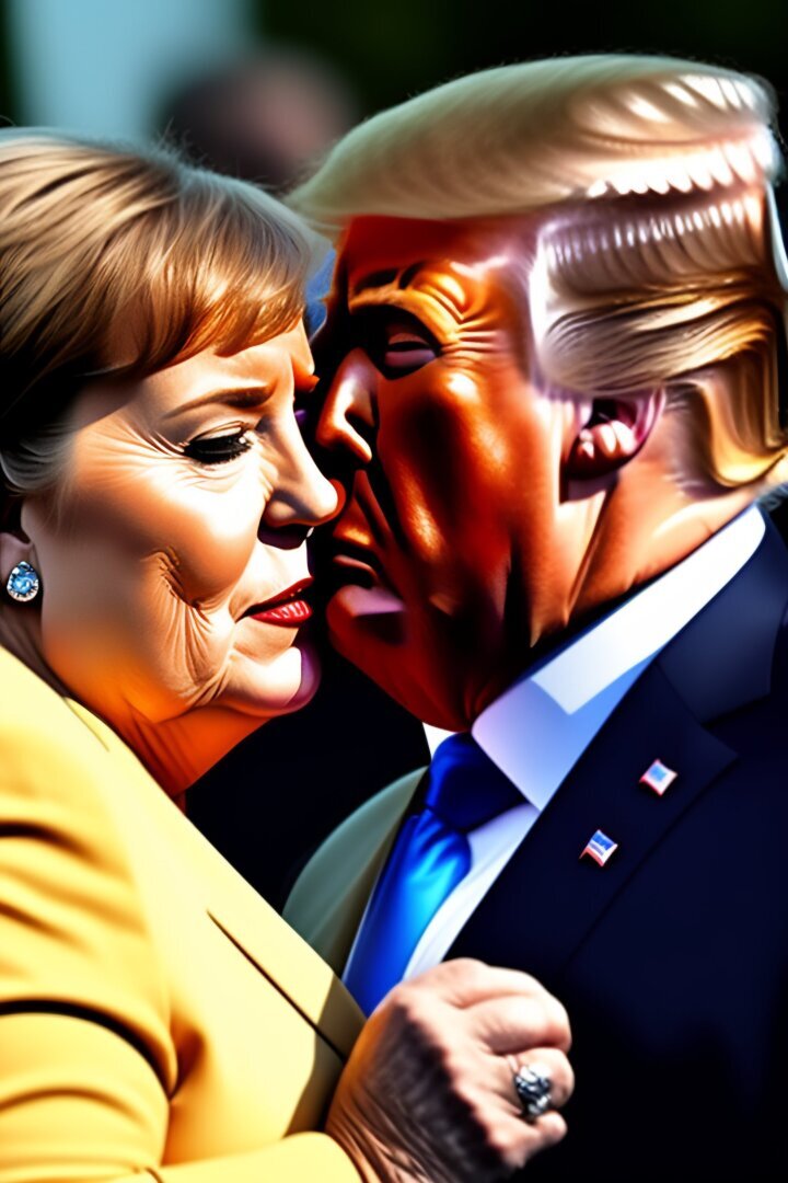Ангела Меркель целуется с Дональдом Трампом.