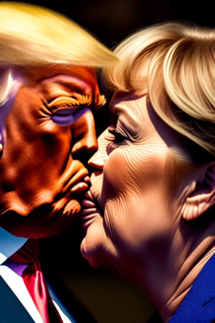 Ангела Меркель целуется с Дональдом Трампом.