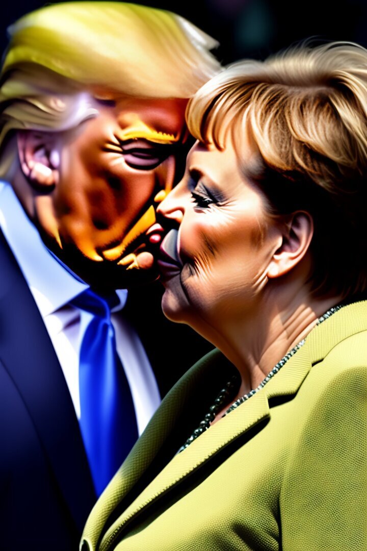 Ангела Меркель целуется с Дональдом Трампом.
