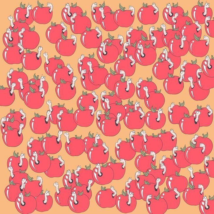 Сможете ли вы найти на картинке 1 яблоко, в котором нет червей за 10 секунд?