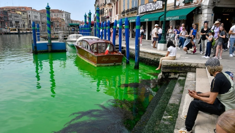 Власти Венеции проводят расследование после того, как канал стал флуоресцентно-зеленым