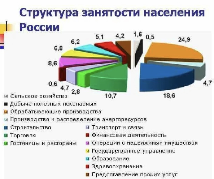 Какой стране из списка соответствует структура занятости. Структура занятости РФ. Структура населения России по занятости. Отраслевая структура занятости в РФ. Структура занятого населения по видам деятельности.