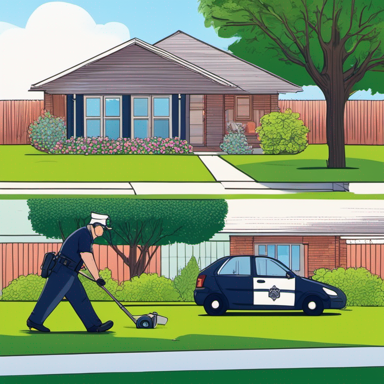 Офицер полиции подстригает газон для пожилого жителя в условиях сильной жары