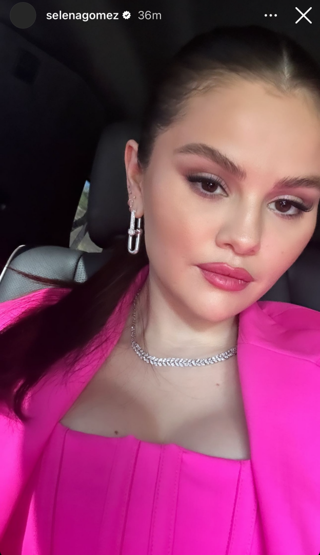 Селена Гомес в брючном костюме наклоняется к Барбикор