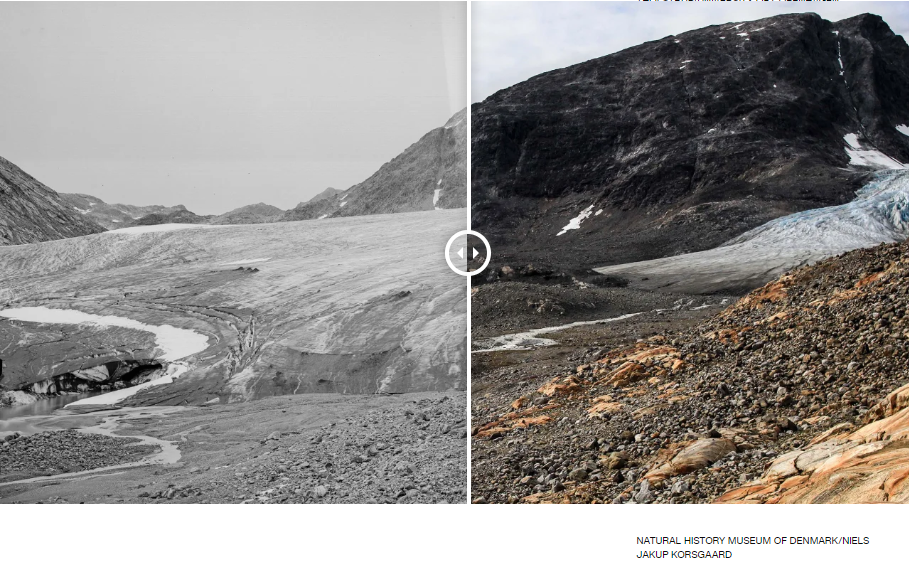 Тысячи гренландских ледников стремительно сокращаются. Фотографии "до и после" показывают десятилетия изменений