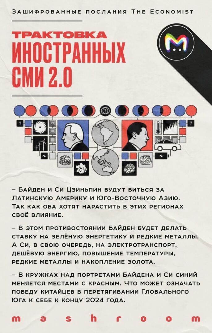 Популярный журнал The Economist 15 ноября 2023 года вышел с очередной своей ребусной обложкой с предсказаниями на 2024 год, какие у нее трактовки