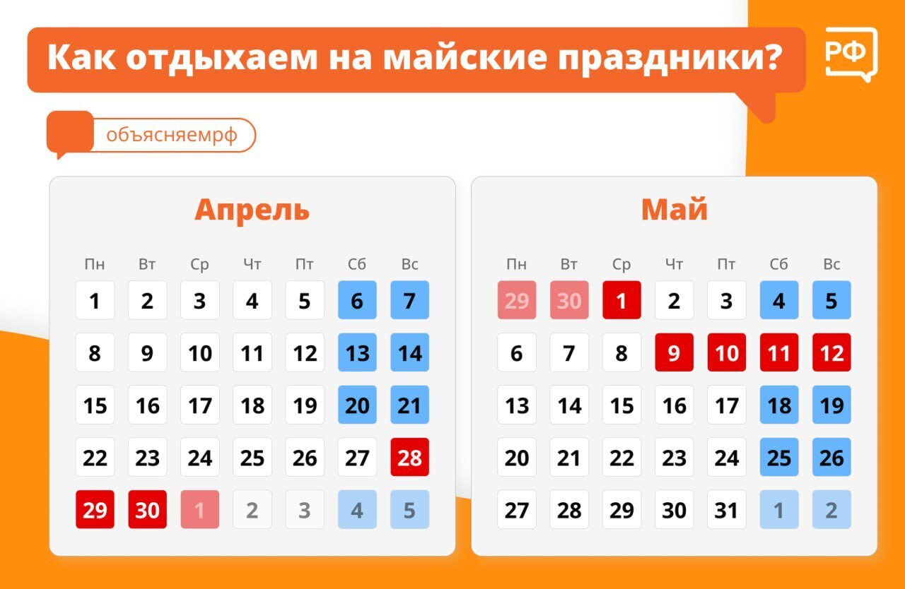 Майские праздники в 2024 году : Как будем отдыхать, выходные дни в апреле и  мае 2024 года.