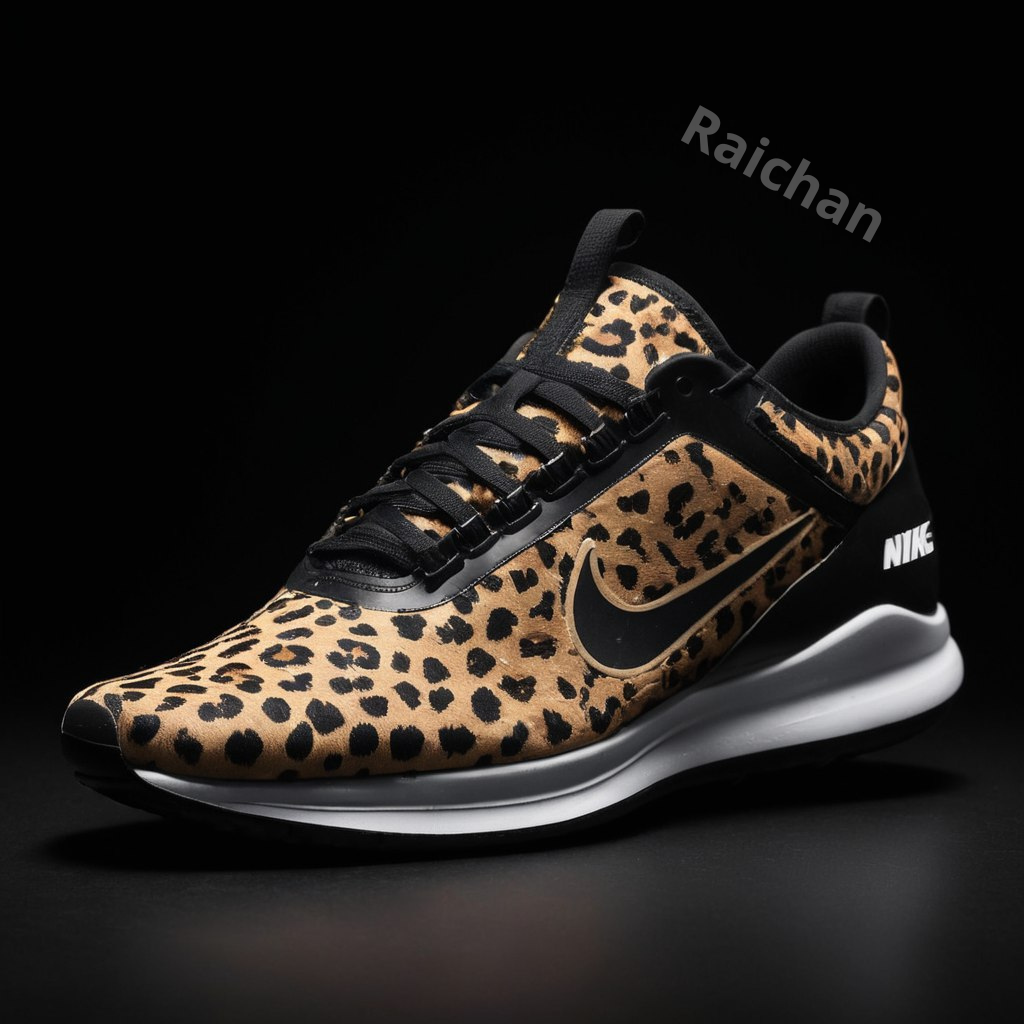Нейросеть сгенерировала кроссовки, современную спортивную обувь в леопардовом стиле, анатомического дизайна, с логотипом Nike и галочкой Nike.