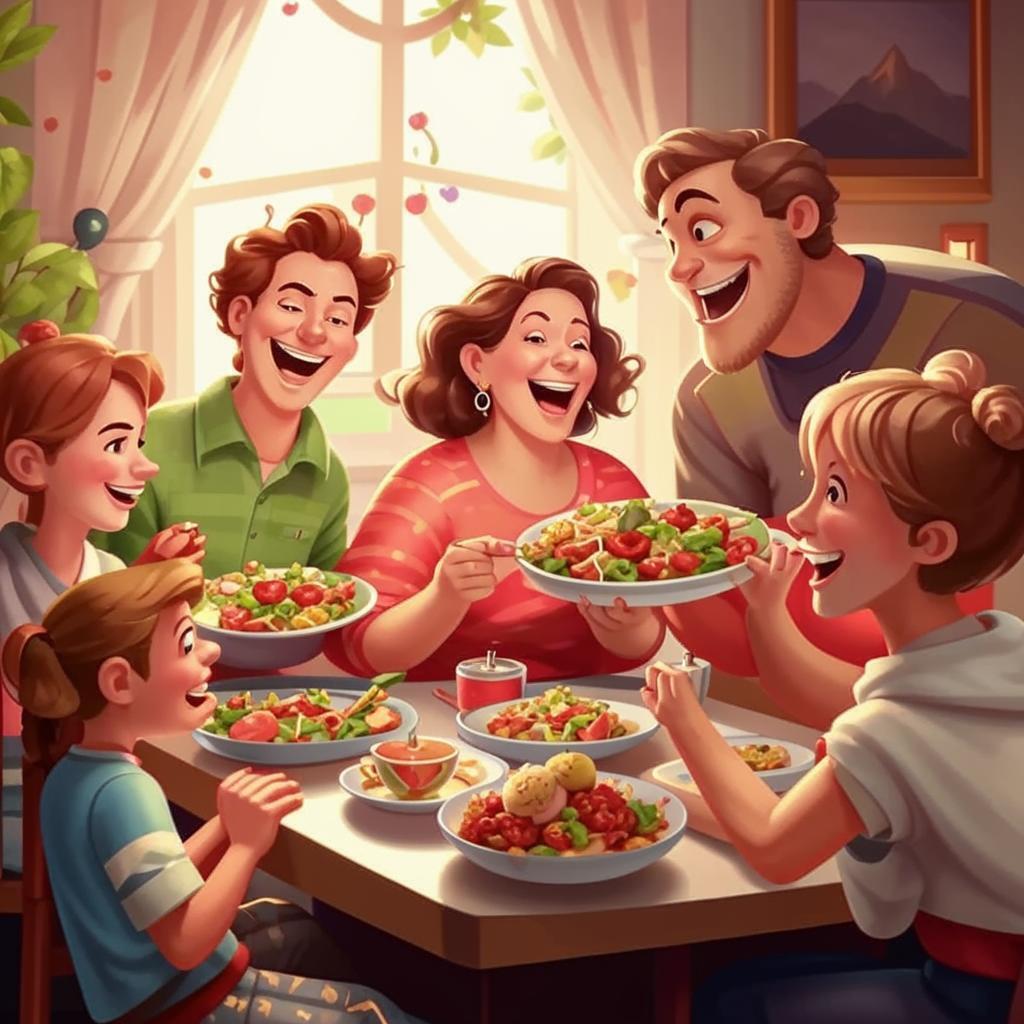 Семья обедает вместе.