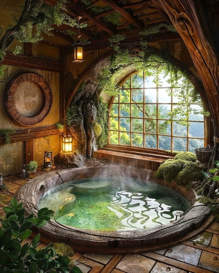 В уютном лесном домике, среди вековых деревьев и зелени.