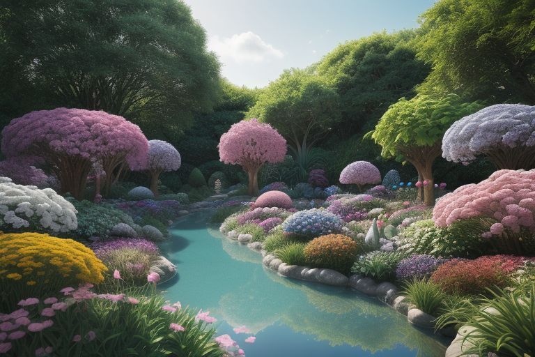 Сад бесконечных отражений во времени: пышный, яркий сад раскинулся на холсте, усеянный сюрреалистическими растениями, которые изгибаются и закручивают