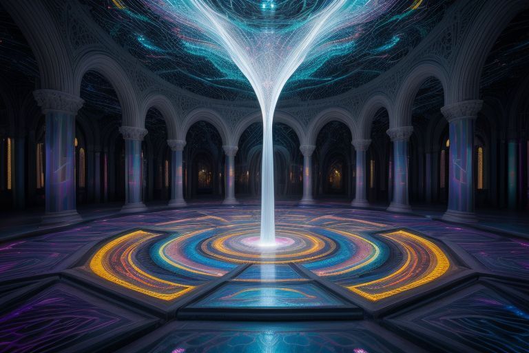 Шепот вечного лабиринта: эта сложная картина представляет собой бесконечный лабиринт, состоящий из мерцающих, полупрозрачных стен, которые, кажется, м