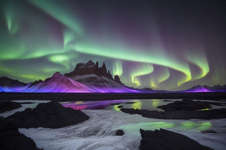 Кузница Авроры: Фантастический пейзаж, где земля сделана из сверкающего обсидиана, а расплавленная лава течет лентами по местности. В небе доминируют