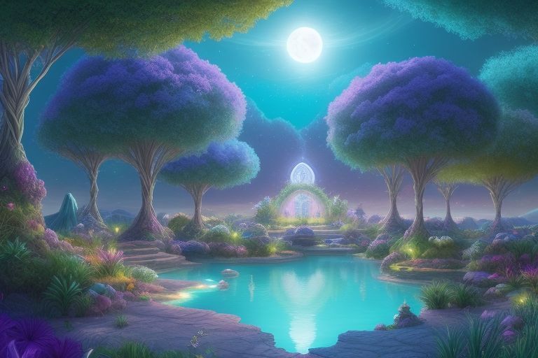 Небесный оазис Этерии: в этом сюрреалистическом оазисе драгоценные камни прорастают из земли, словно растения, каждый из которых мерцает яркими цветам