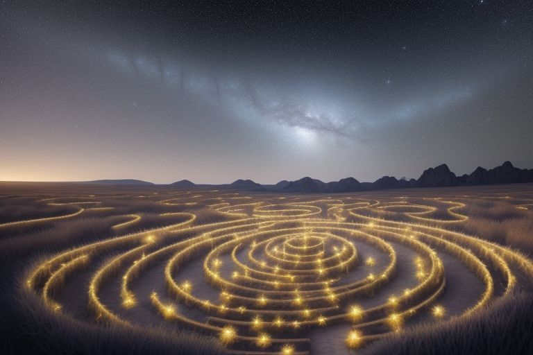 Лабиринт звездных сновидений: запутанный лабиринт разворачивается на обширном ландшафте, стены которого сделаны из мягко светящегося камня, улавливающ