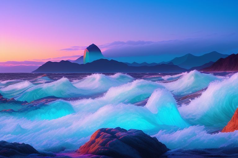 Призматические приливы Галаксии: захватывающий морской пейзаж, где океанские волны светятся разноцветным светом, разбиваясь о берега из мелкого сверка