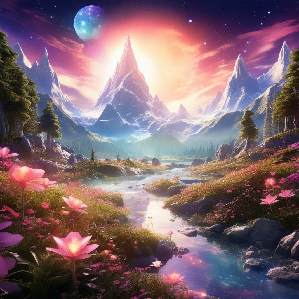 Галактический цвет: Представьте себе завораживающее зрелище, где величественно возвышаются возвышающиеся светящиеся горы, вершины которых