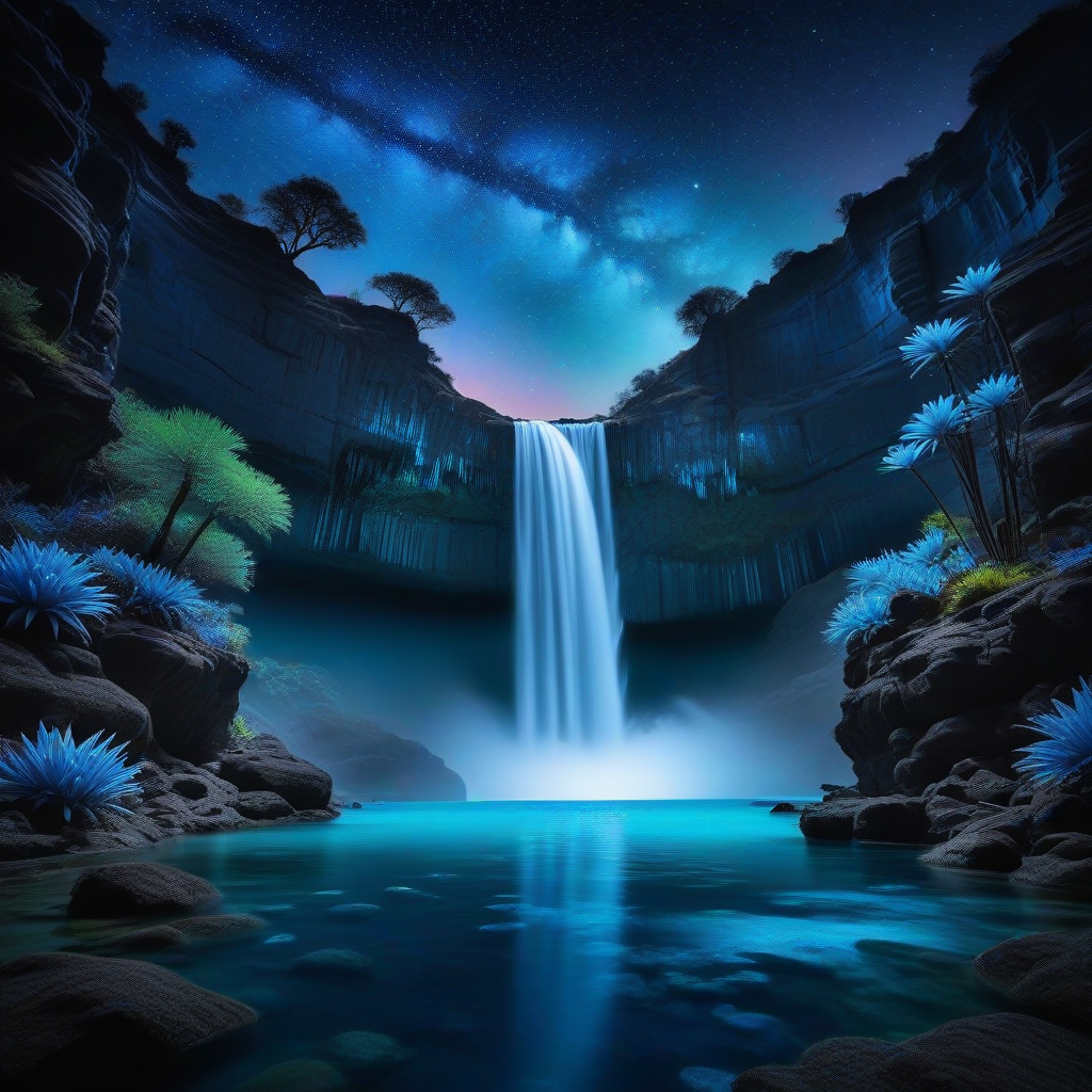 Небесный оазис: Погрузитесь в эфирный пейзаж, где каскадные водопады, наполненные мерцающим звездным светом, льются с кристаллических скал