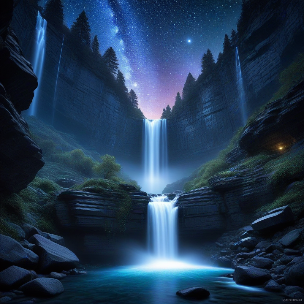 Очаровательный водопад, который низвергается через ущелье, полностью состоящее из сияющих драгоценных камней. Вода течет мерцающими потоками