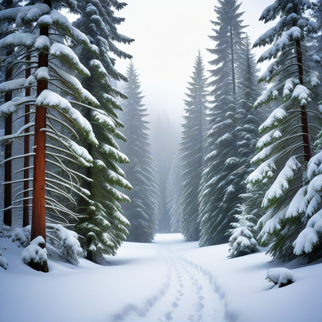 Зимний лес: Завораживающее изображение зимнего пейзажа, покрытого белоснежным покровом снега. Высокие ели с тяжелыми снеговыми шапками