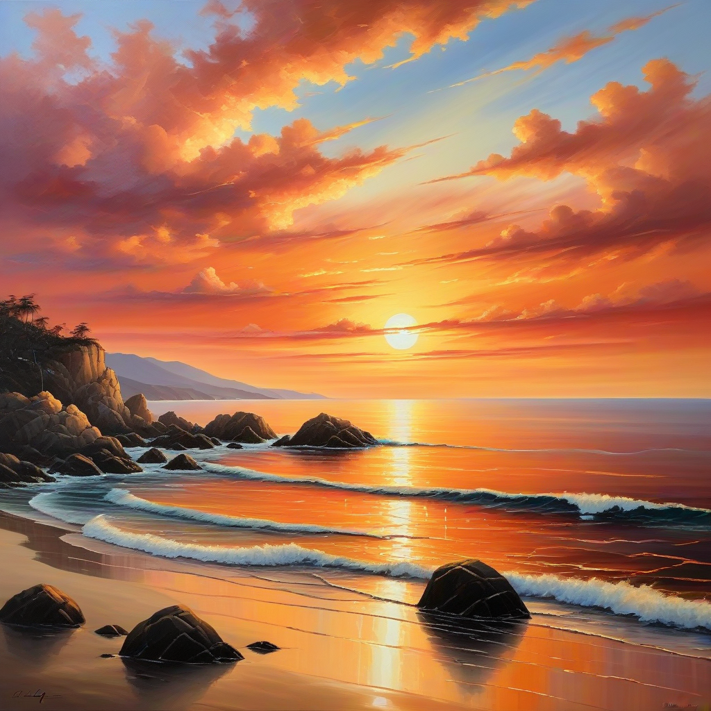 Светлый закат: Огромное полотно, покрытое яркими оттенками нежного персикового, глубокого оранжевого и золотистого цвета, изображает закат