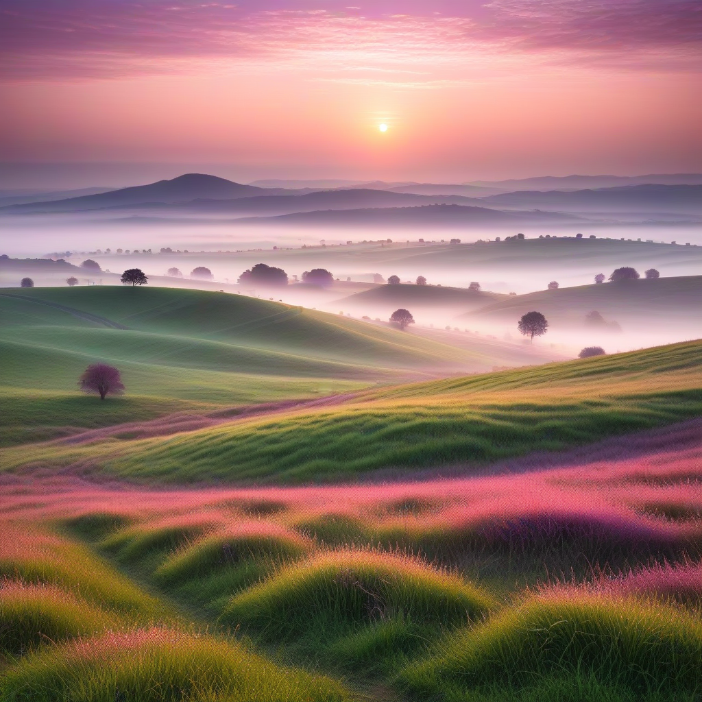 Розовый рассвет: Чудесный пейзаж, где нежные оттенки розового и лилового цвета плавно переходят в яркие солнечные лучи