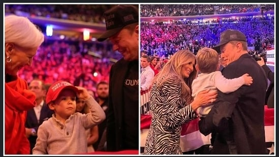 Четырехлетний сын Илона Маска в кепке MAGA вместе с отцом на митинге Трампа