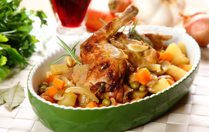 Кролик с овощами, тушенными в красном вине