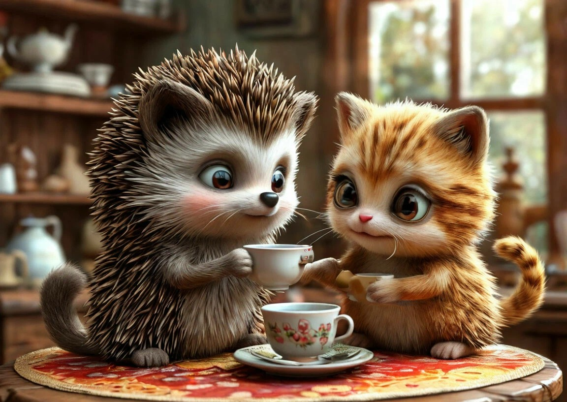 Кошечка против ежика.