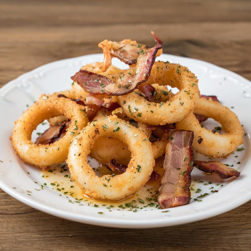 Рецепт жареных кальмаров с беконом и чесноком