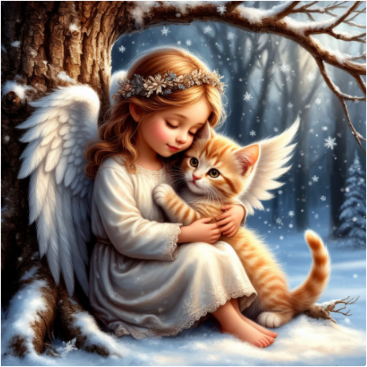 Ангелок и котенок: тепло и уют на зимнем дереве