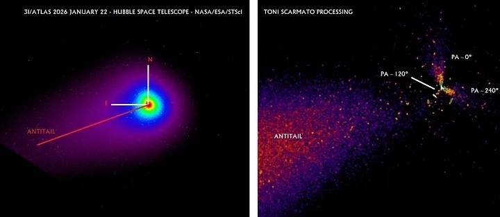 Изображения объекта 3I/ATLAS, полученные телескопом Хаббл во время его редкого выравнивания с осью Солнце-Земля 22 января 2026 года