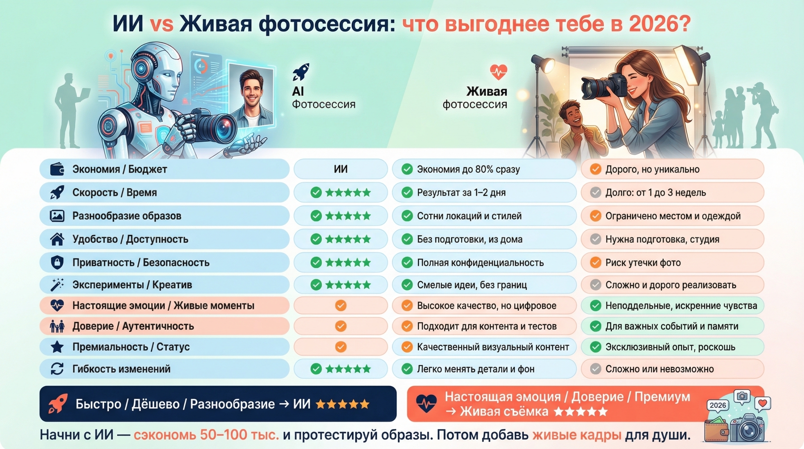 ИИ-фотосессия или настоящая съёмка в 2026 году: что выбрать именно тебе?