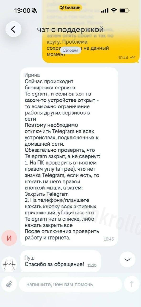 Билайн блокирует интернет если запущен Telegram