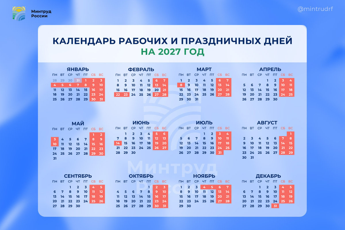 Обнародован проект календаря рабочих и праздничных дней - 2027: без сенсаций, в новогодние каникулы отдыхаем 11 дней