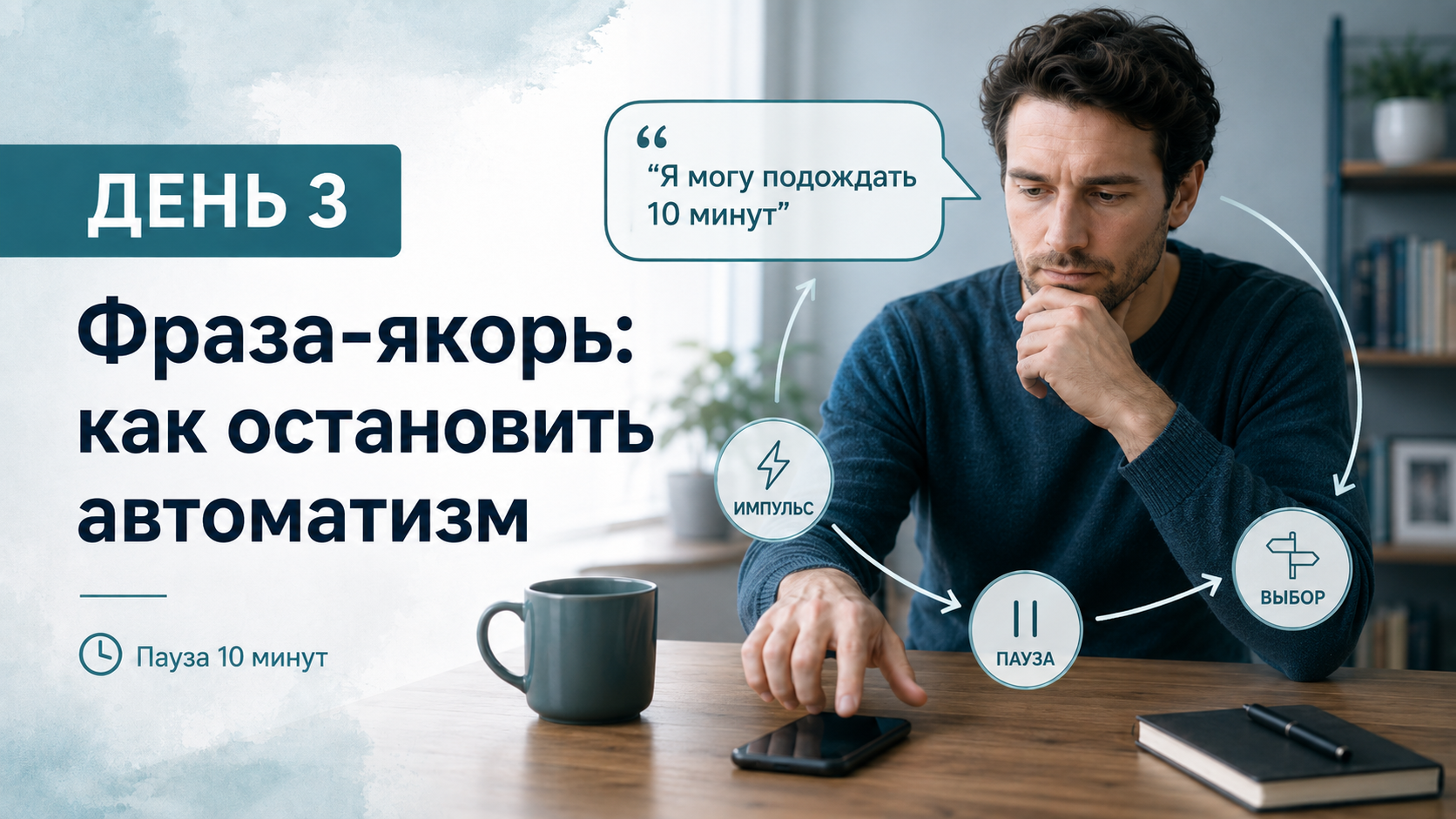 Пауза 10 минут: 7 дней практики. День 3. Фраза-якорь: как остановить автоматизм одной короткой фразой