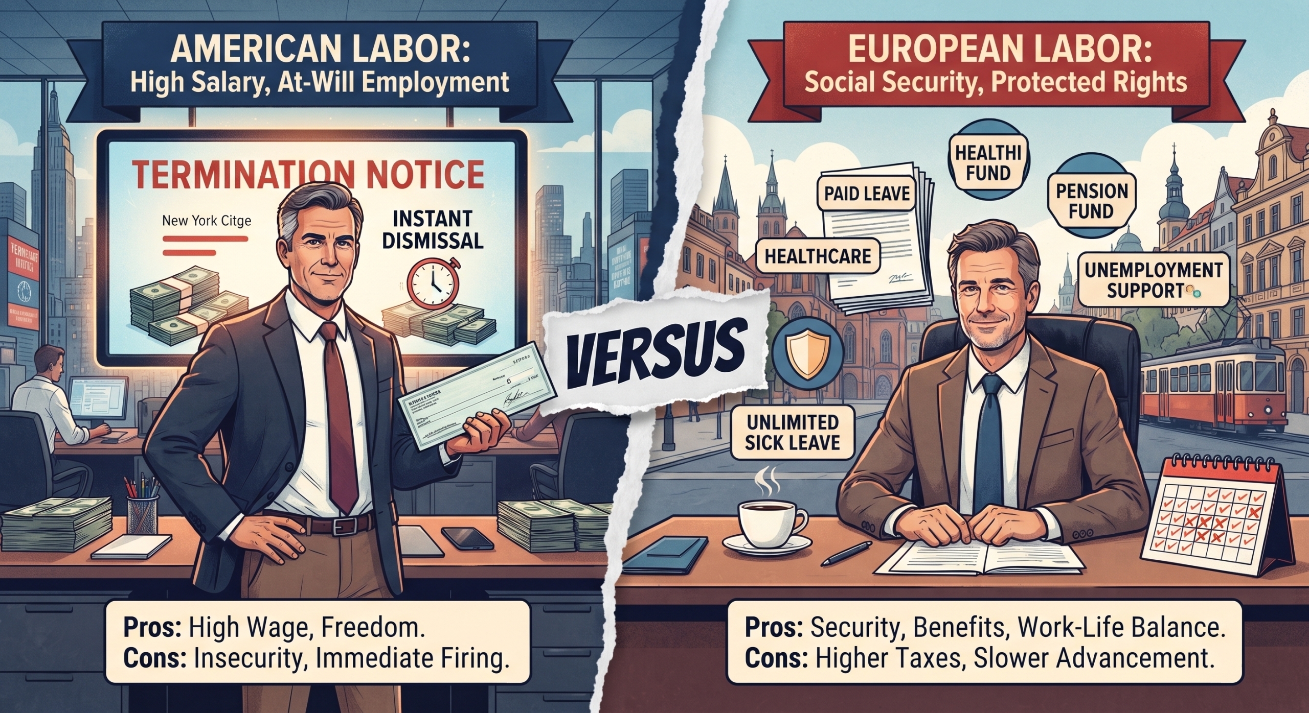 Где лучше работать: в Европе с её защитой или в Америке с её свободой? Два мира, две правды