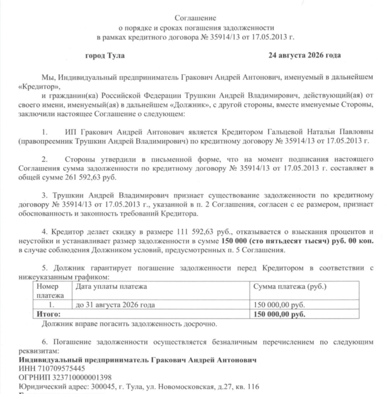 Торг с ИП Гракович А.А. Как снизить сумму долга?