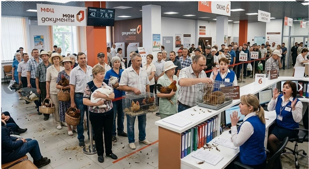 Весёлые картинки про регистрацию кур в МФЦ